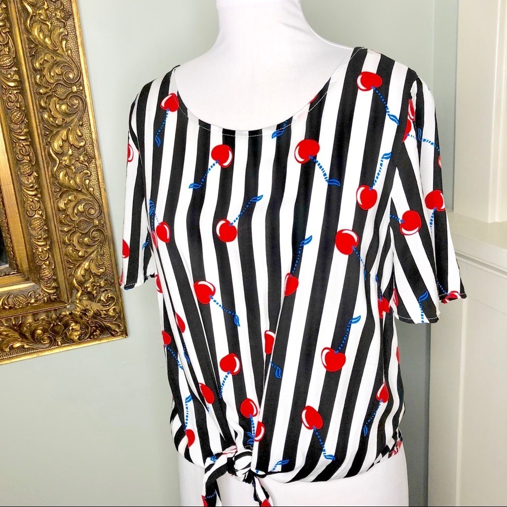 Cynthia Rowley Cherry Stripe Tie Front Top Retro Style Blouse - Picture 4 of 10